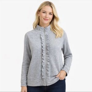 Quacker Factory Women’s L Gray Fleece Zip Jacket Ruffle Rhinestone Mock Neck